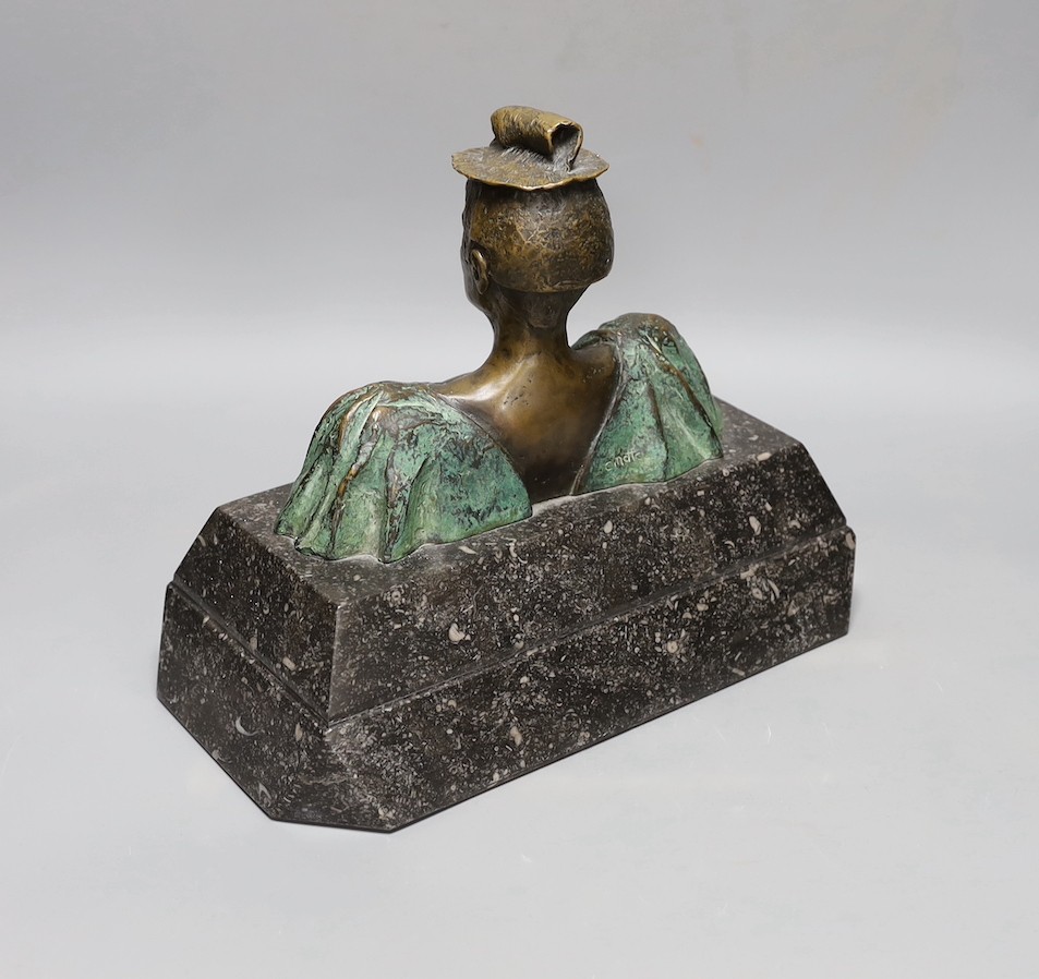 C Matta bronze bust, marble base, 31 cms wide.